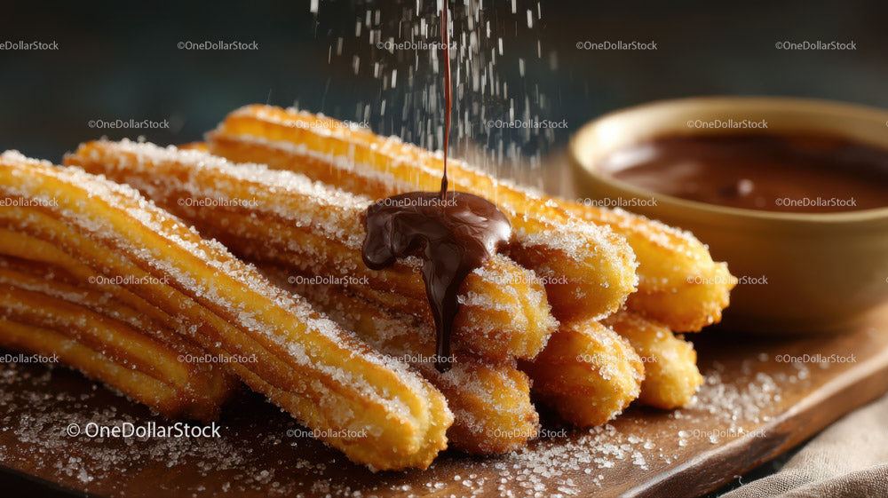 Crispy Fried Churros with Melted Chocolate and Powdered Sugar