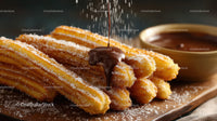Crispy Fried Churros with Melted Chocolate and Powdered Sugar