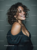 Joyful Woman with Curly Hair Smiling in Studio Portrait