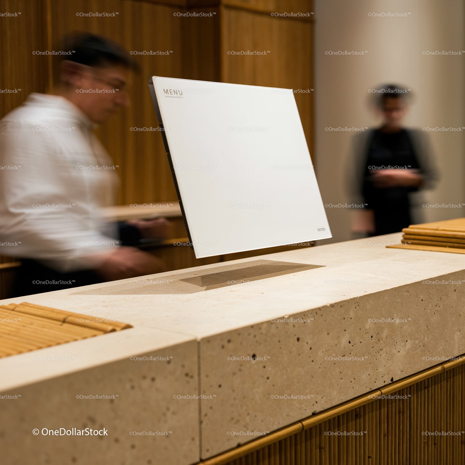Minimalist restaurant menu on floating display stand