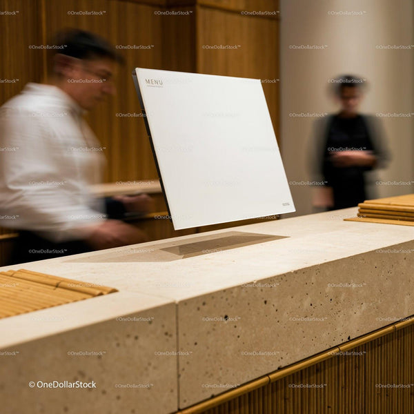 Minimalist restaurant menu on floating display stand JPG Mockup Image