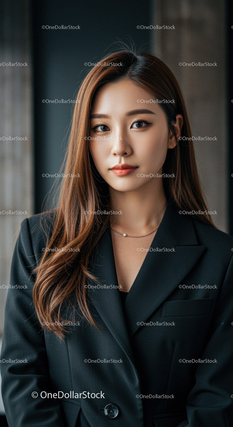 Elegant Young Woman in Formal Black Blazer with Stylish Hair and Jewelry