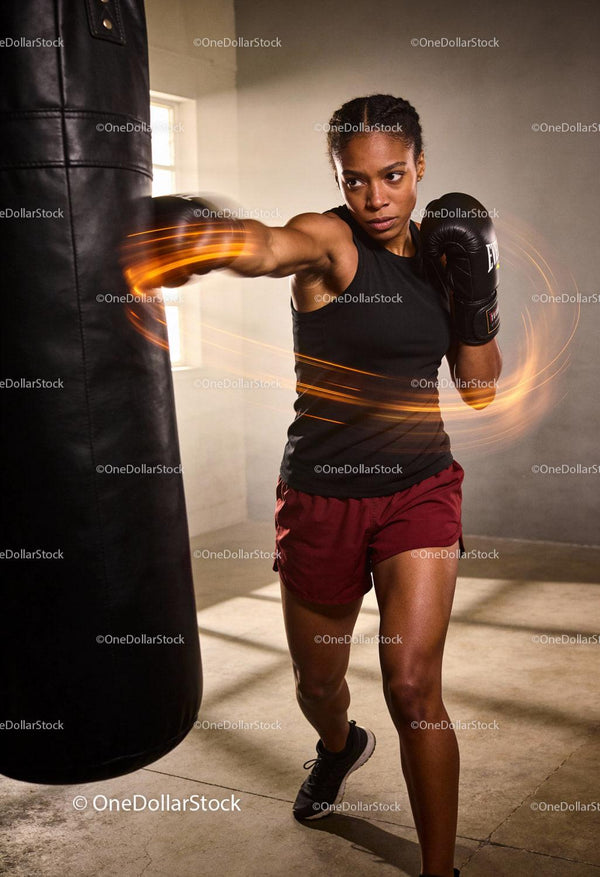 Focused female boxer training with punching bag indoors