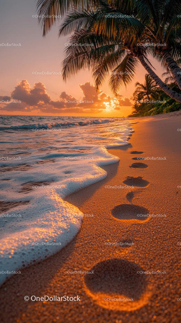 Tropical Beach Sunset with Palm Trees and Ocean Waves