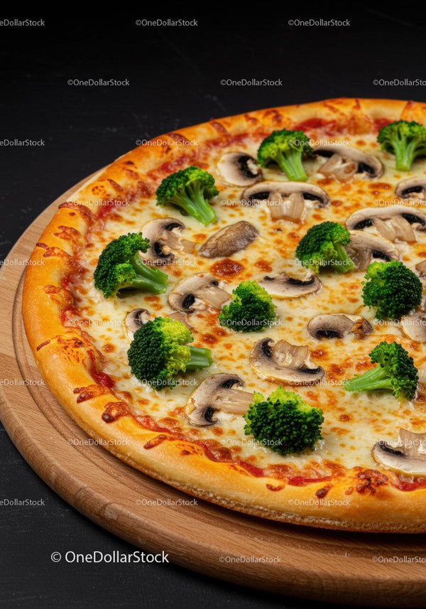 Fresh broccoli and mushroom pizza on wooden board