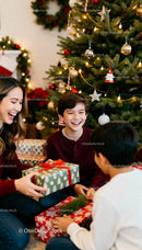 Joyful Family Sharing Gifts by Christmas Tree