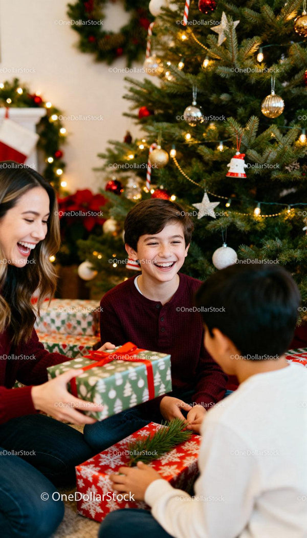Joyful Family Sharing Gifts by Christmas Tree