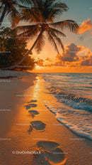 Sunset over Tropical Beach with Palm Trees and Footprints