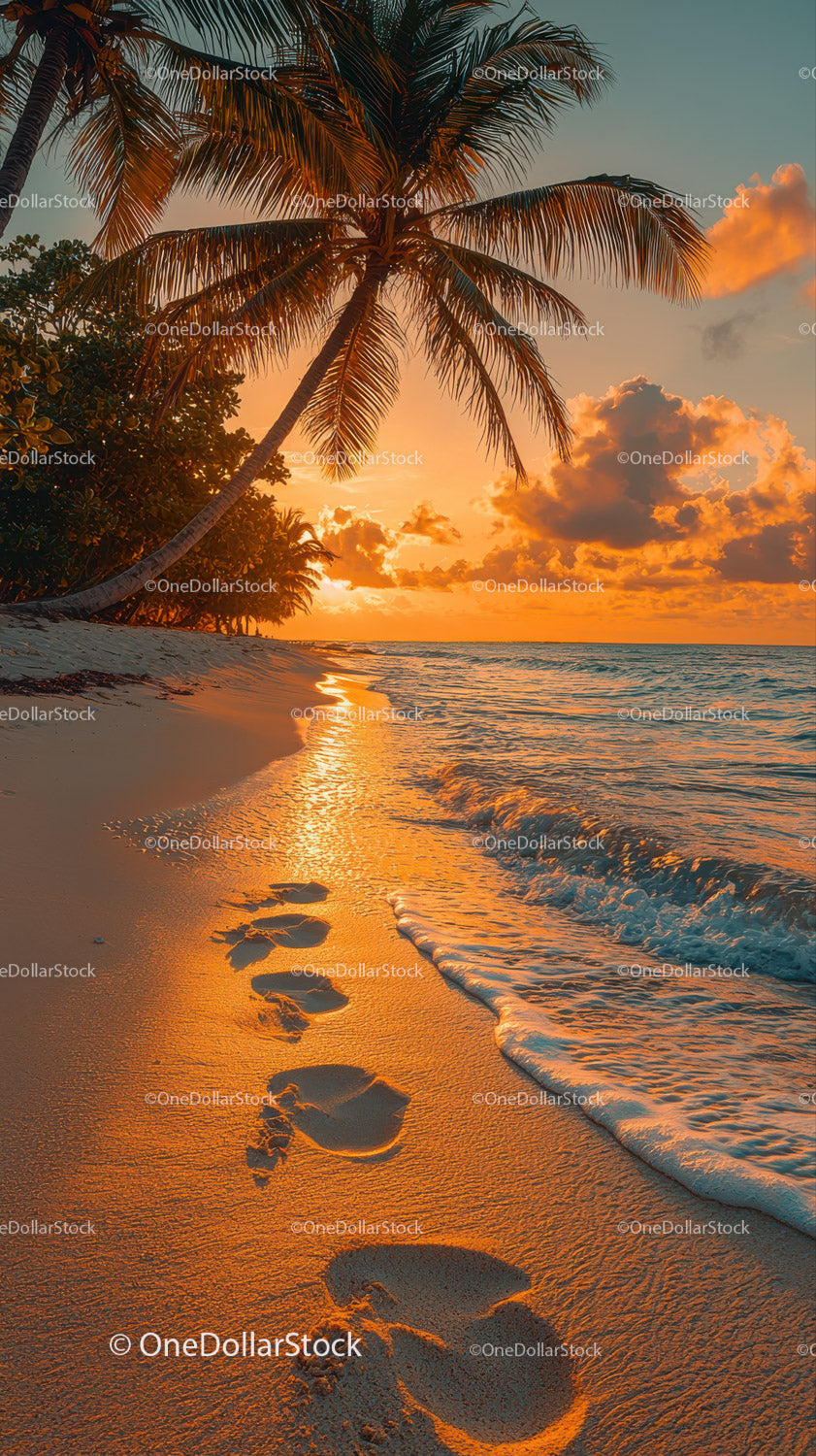Sunset over Tropical Beach with Palm Trees and Footprints