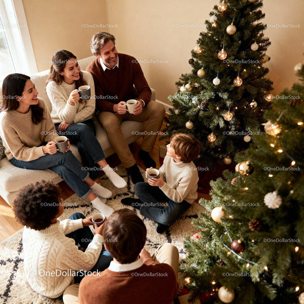 Happy family enjoying coffee beside decorated Christmas trees