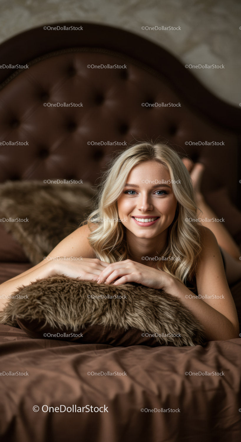 Smiling young woman relaxing on cozy bed with fur pillow