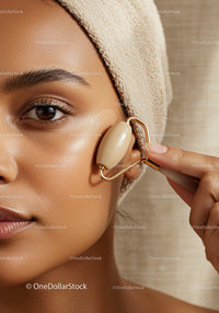 Close-up of Woman Receiving Facial Massage with Jade Roller