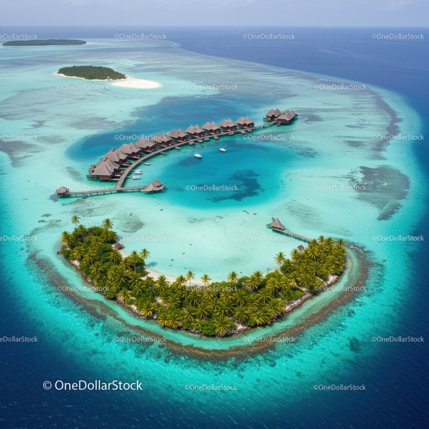 Overwater Bungalows on Turquoise Lagoon with Palm Trees