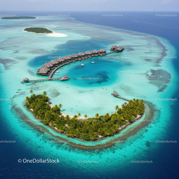 Overwater Bungalows on Turquoise Lagoon with Palm Trees
