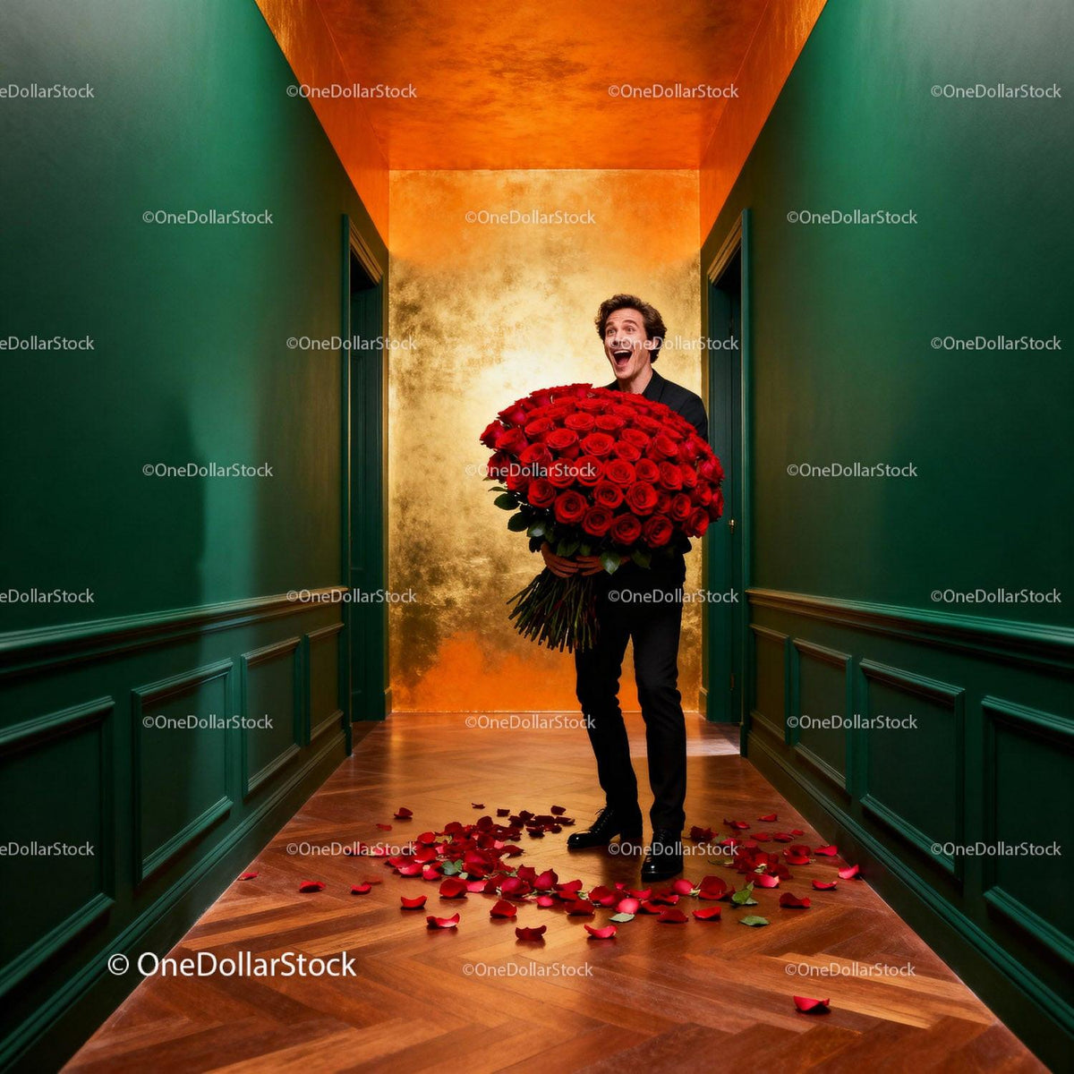 Man Surprised with Giant Bouquet of Red Roses
