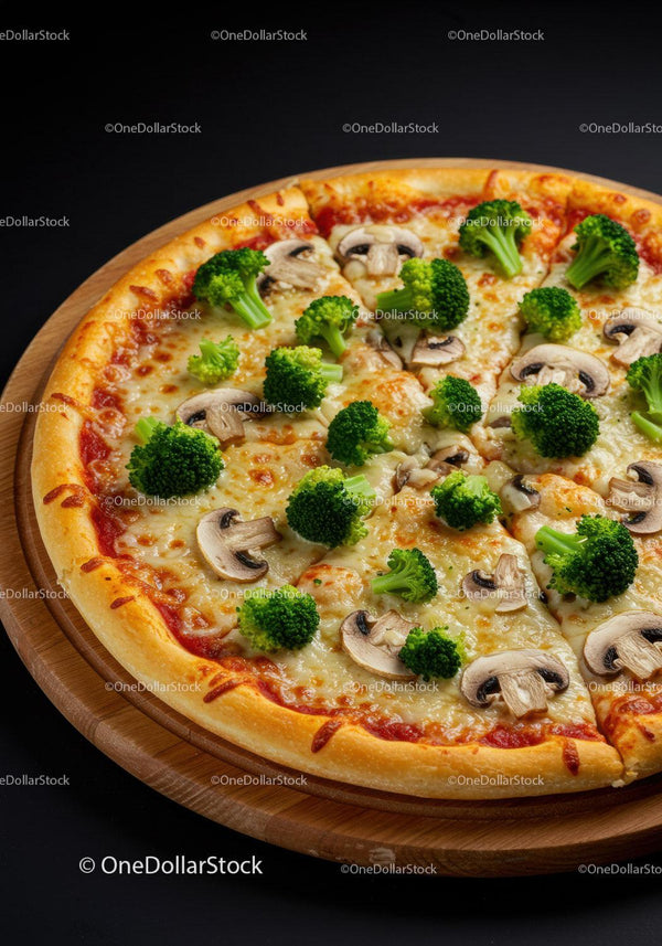 Cheesy pizza topped with fresh broccoli and mushrooms