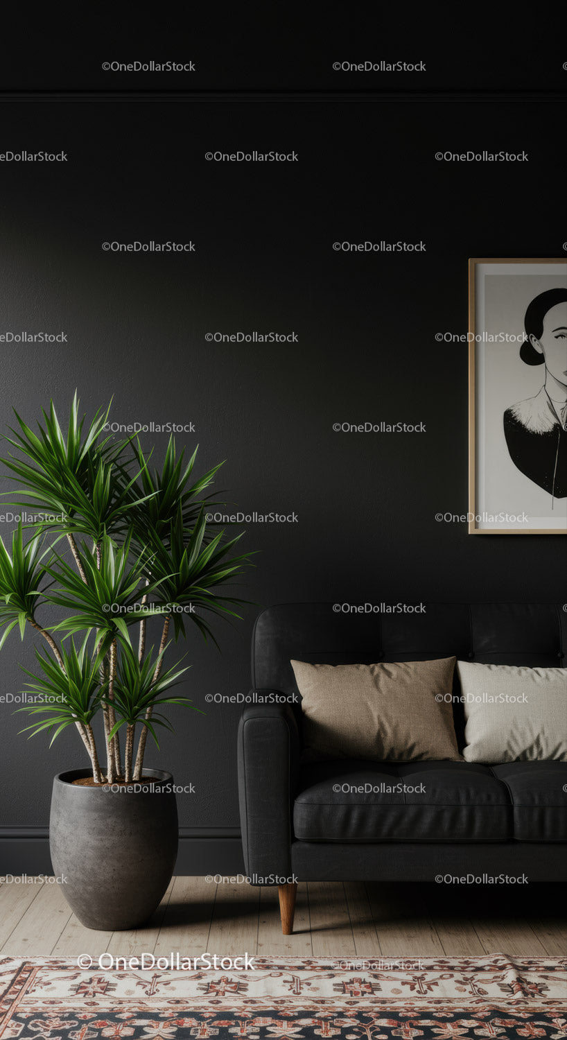 Stylish Modern Living Room with Black Sofa and Green Plant