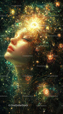 Surreal Cosmic Woman with Glowing Halo and Space Background