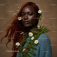 Elegant Portrait of a Woman with Flowing Red Hair and Botanical Accessories