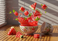Fresh watermelon chunks splashing from floral bowl