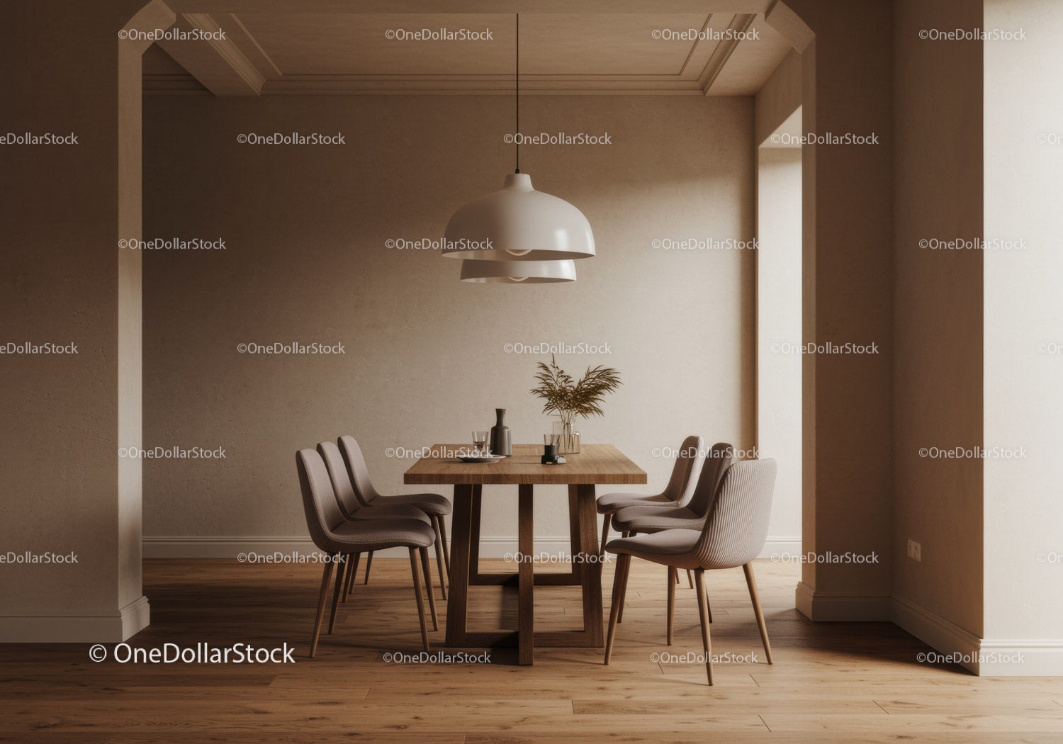 Minimalist Dining Room with Wooden Table and Modern Chairs