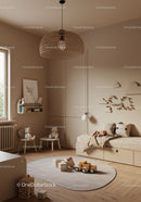 Cozy Modern Nursery with Wooden Toys and Cloud Wall Decor