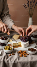 Gourmet Cheese Platter with Grapes Almonds and Olives in Elegant Setting
