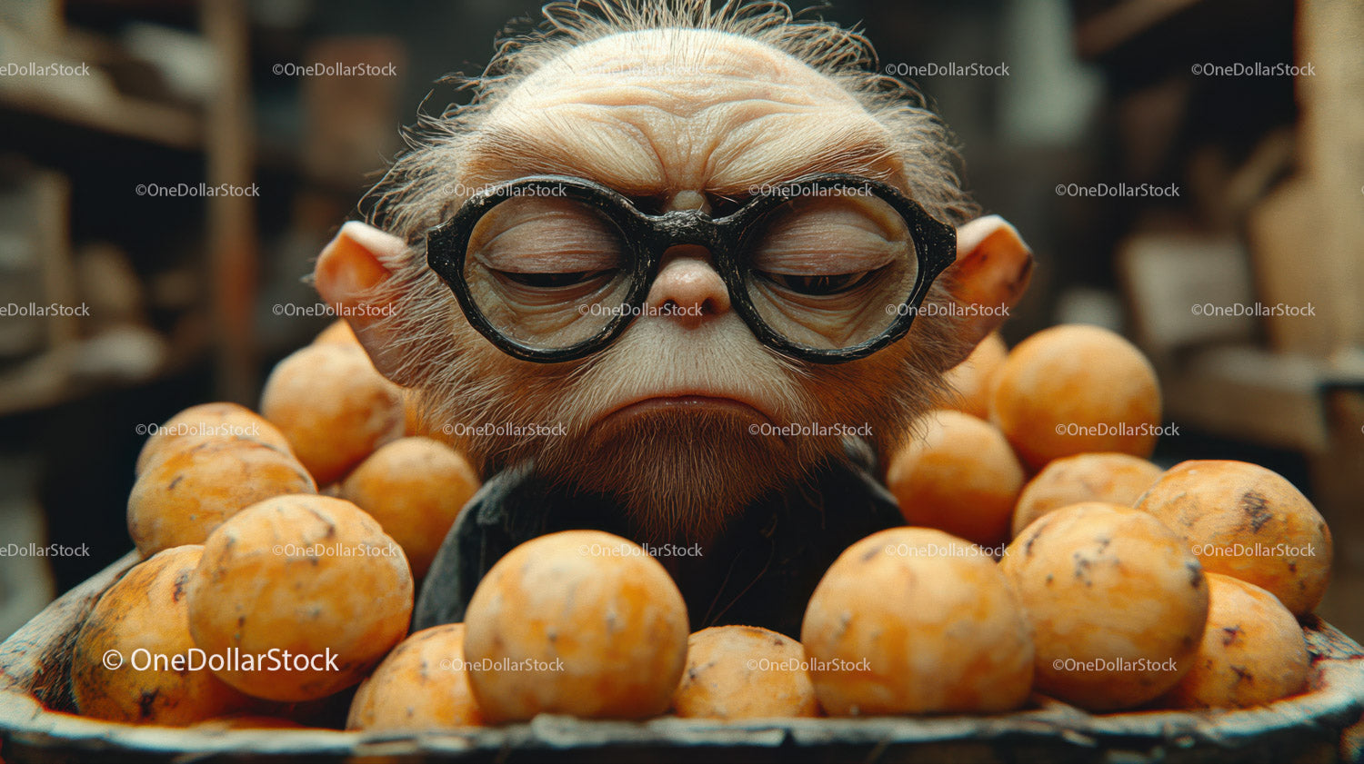 Photograph of a Cute Monkey Wearing Glasses Surrounded by Mangoes