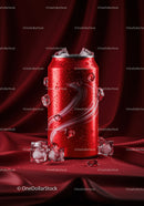 Chilled red soda can with ice cubes on satin fabric
