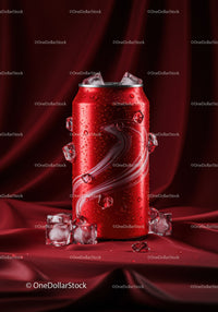 Chilled red soda can with ice cubes on satin fabric