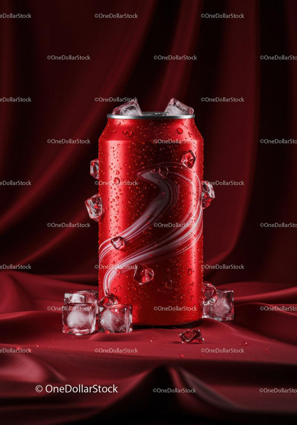 Chilled red soda can with ice cubes on satin fabric