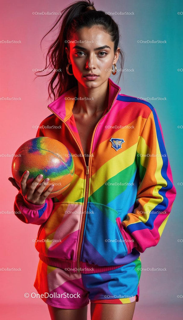 Young Woman in Rainbow Jacket Holding Basketball in Colorful Studio