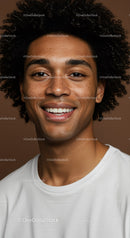 Close-Up Portrait of Smiling Man with Curly Hair and Bright Smile