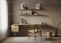 Minimalist home office with wooden desk and cozy chair