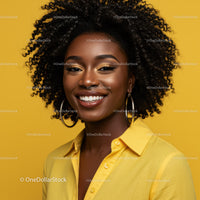 Vibrant Black Woman with Curly Hair Wearing Yellow Shirt with Bright Smile