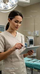Healthy Female Nurse Using Tablet in Modern Hospital Room