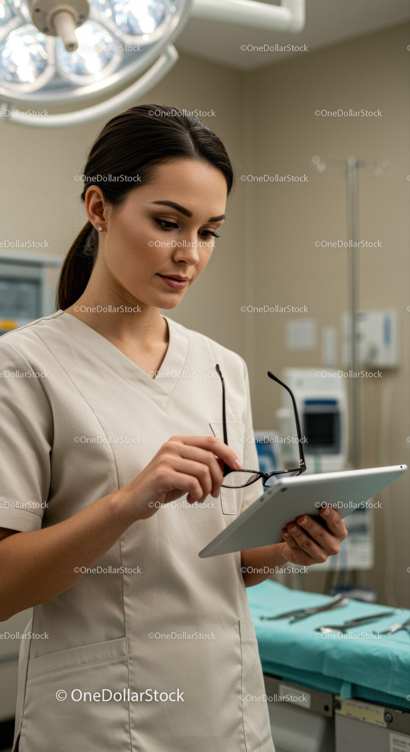 Healthy Female Nurse Using Tablet in Modern Hospital Room