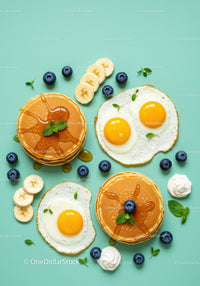 Delicious pancakes with sunny side eggs and fresh fruit