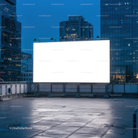Empty illuminated billboard in urban rooftop setting at dusk