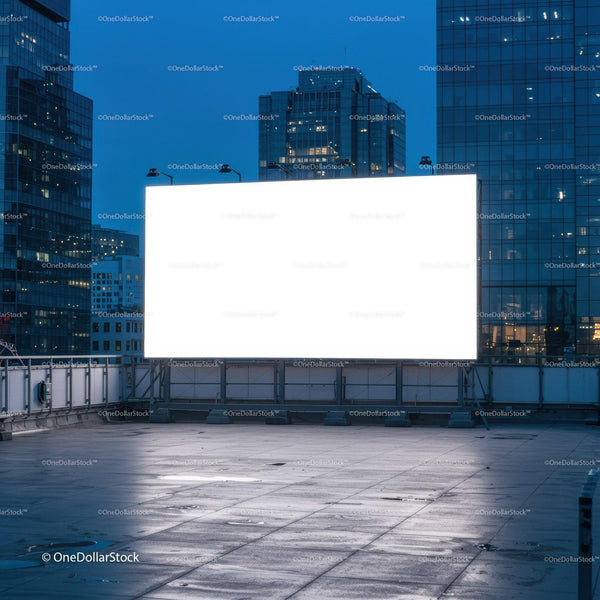 Empty illuminated billboard in urban rooftop setting at dusk JPG Mockup Image