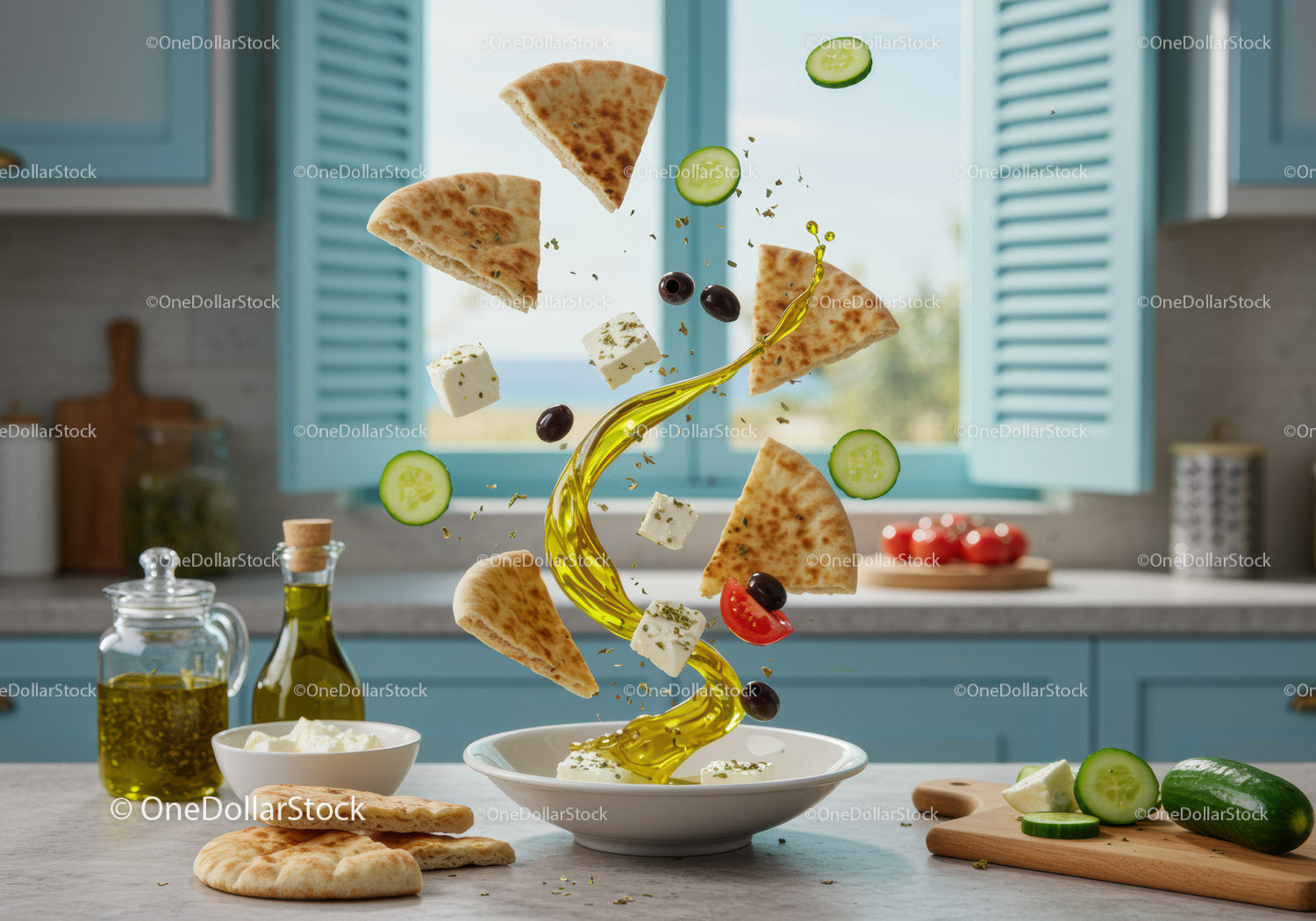 Fresh Mediterranean ingredients suspended over bowl in kitchen