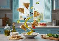 Fresh Mediterranean ingredients suspended over bowl in kitchen