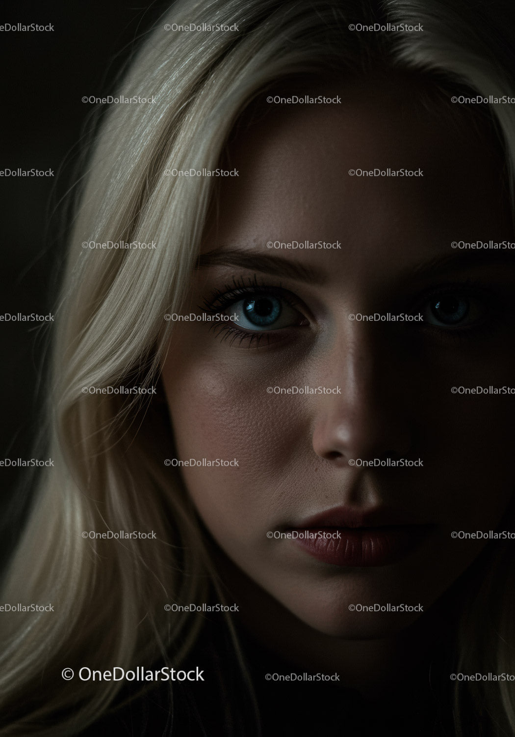 Portrait of young woman with blonde hair in low light