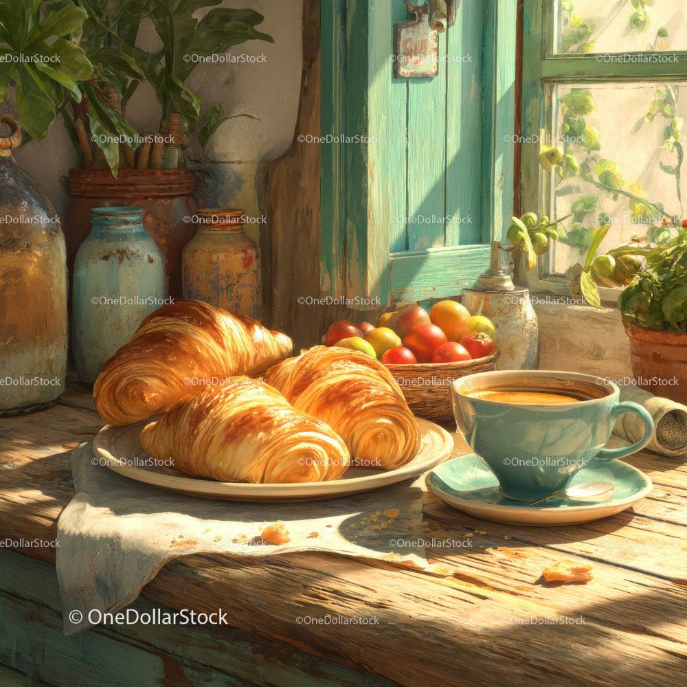 Rustic Kitchen Scene with Croissants Tomatoes and Sunlit Interior