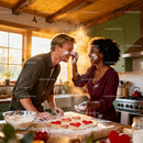 Couple Playfully Baking Heart Cookies in Cozy Kitchen