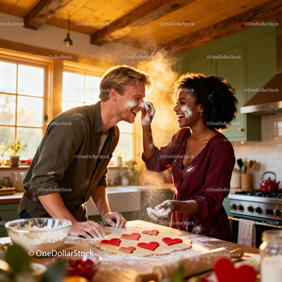 Couple Playfully Baking Heart Cookies in Cozy Kitchen