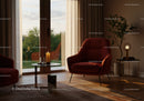 Cozy modern living room with red armchairs and soft lighting