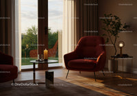 Cozy modern living room with red armchairs and soft lighting