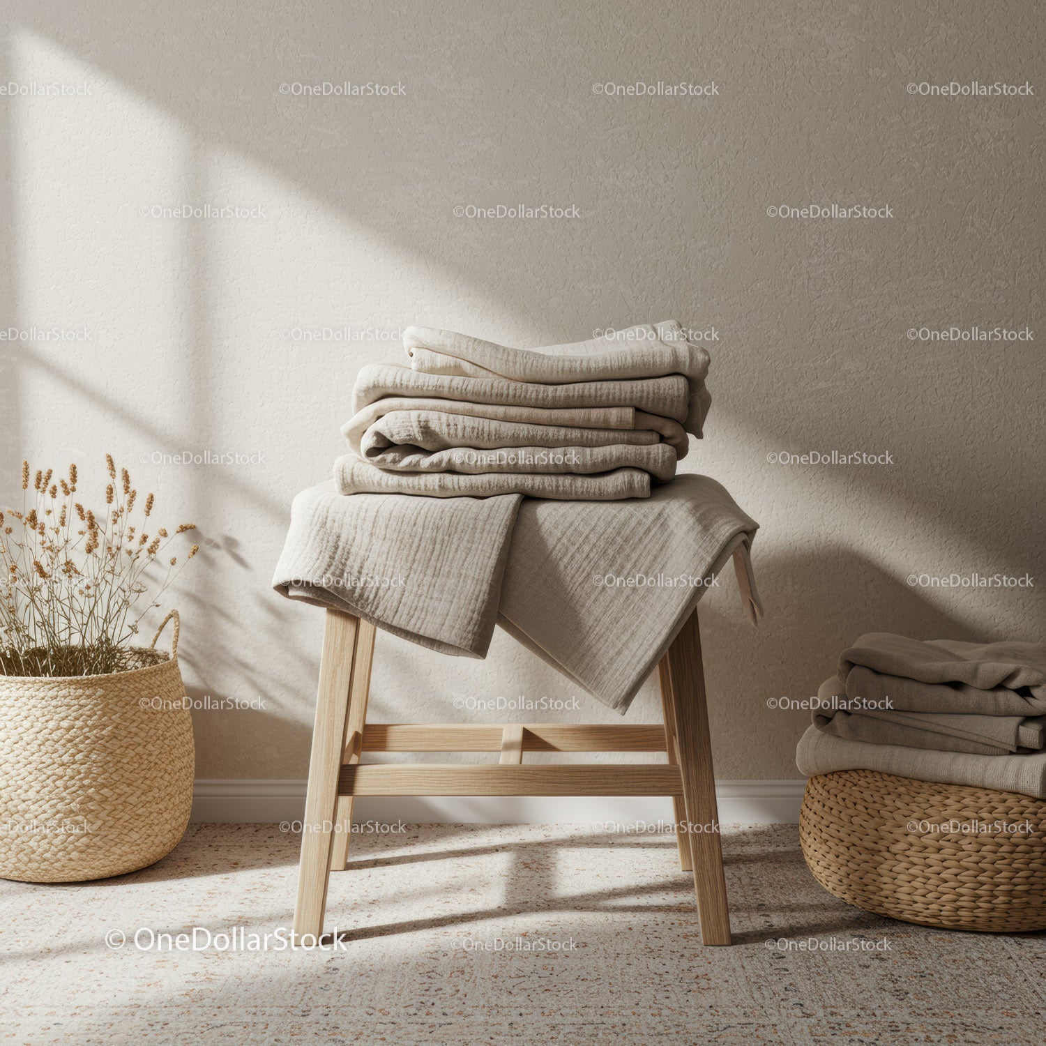 Stacked neutral linens on wooden stool with natural light