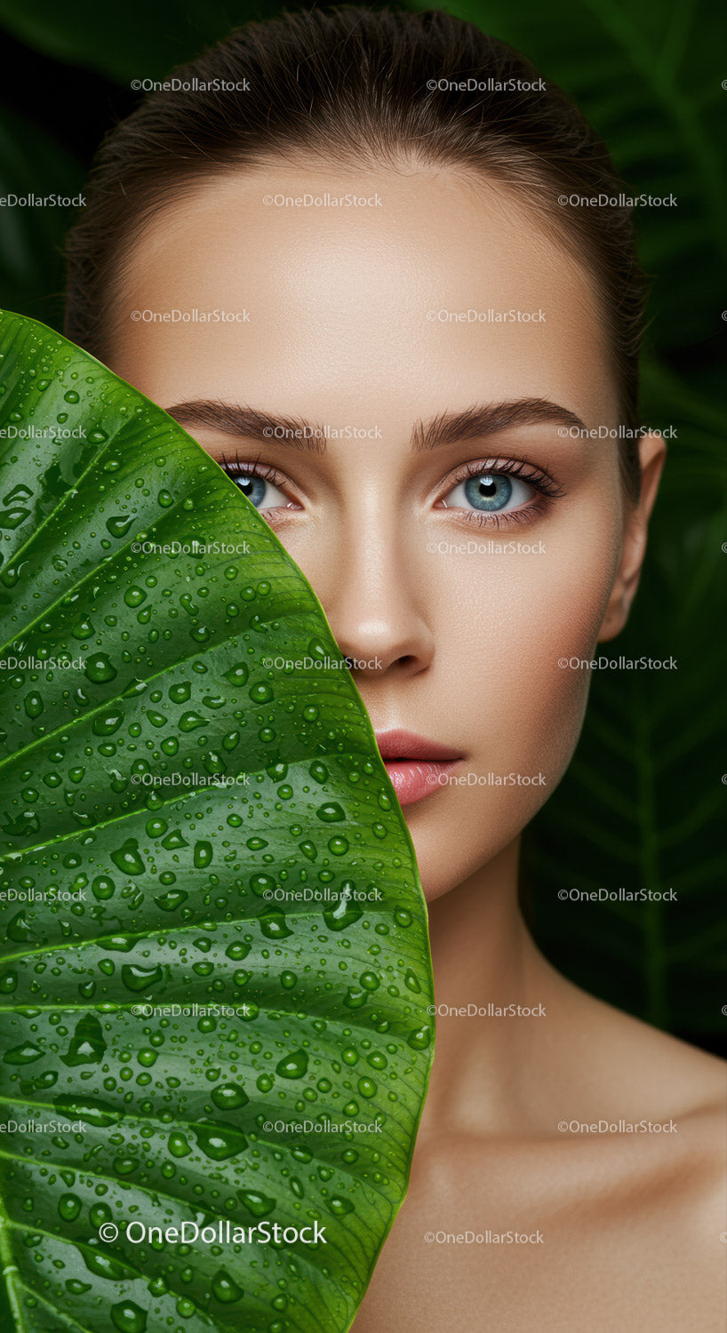 Close-Up of a Woman with Blue Eyes Surrounded by Lush Green Tropical Leaves